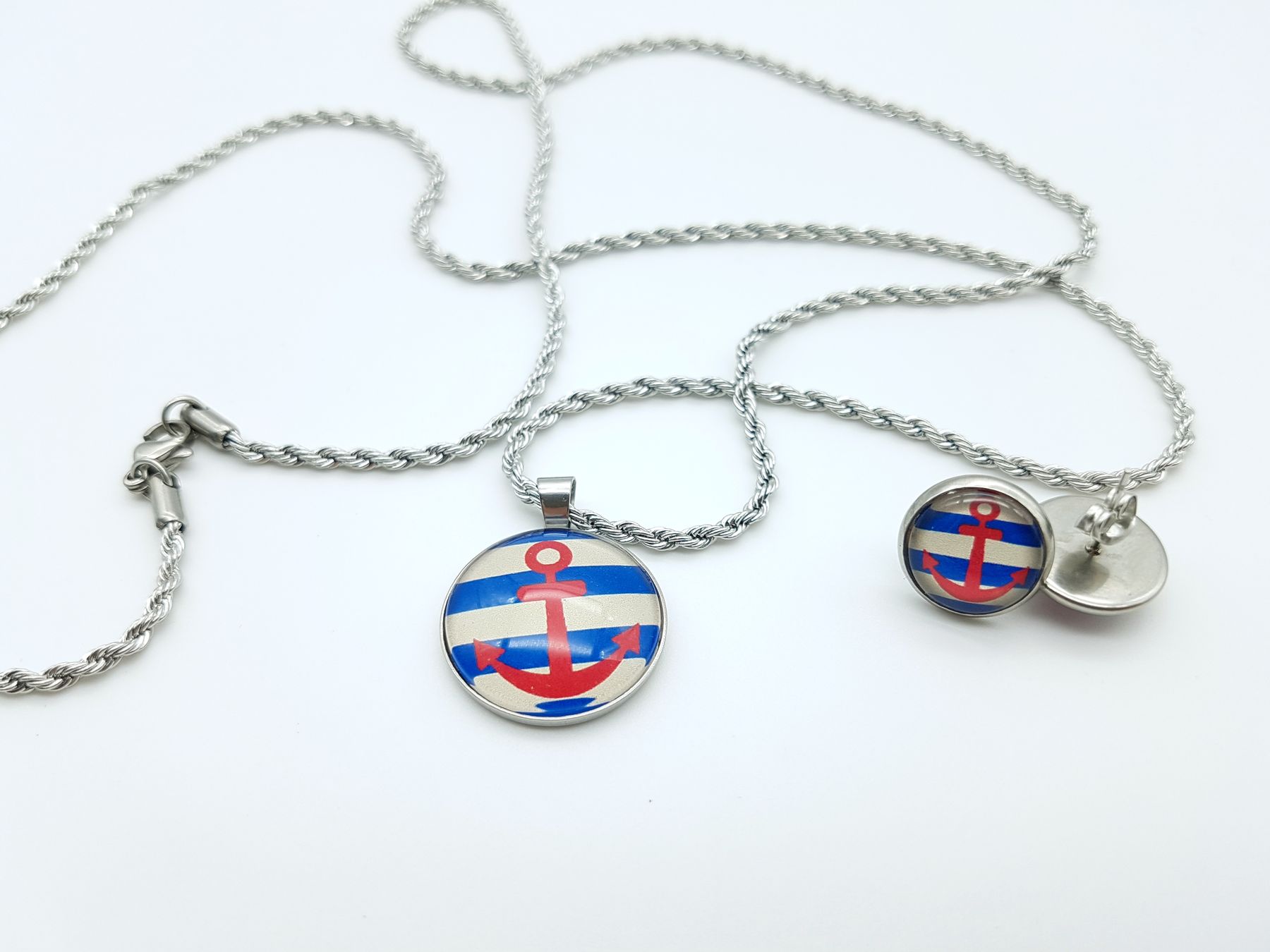 Set aus Ohrstecker. 80cm Kette dick "Anker blau-creme"